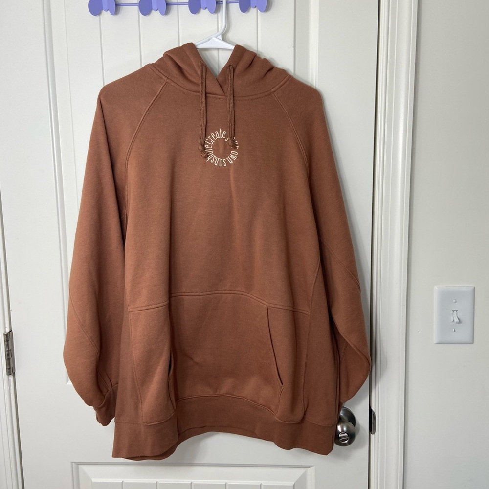 EUC Primark women’s brown embroidered pullover fleece hood sweatshirt‎ oversized